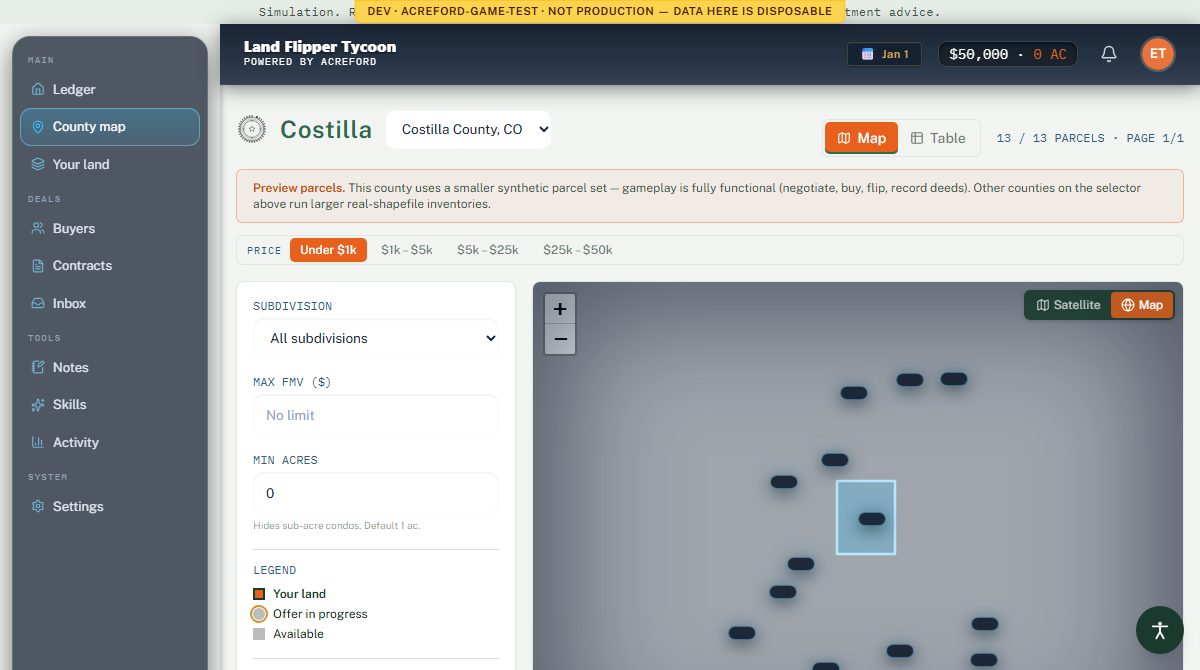 Land Flipper Tycoon game map — county parcels, sidebar, and wallet